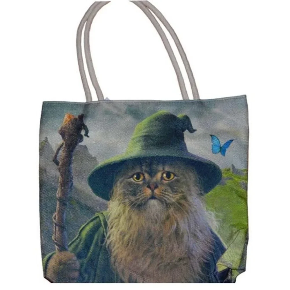 New Cat Wizard Medieval Jute Bag Large Tote Shoulder Shopping Magic Kitten NIP - Picture 1 of 2